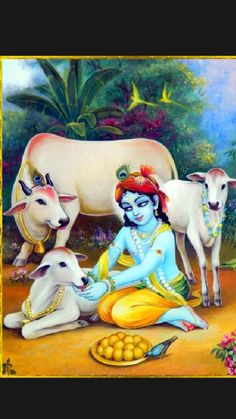 a painting with cows and a woman sitting in front of her, surrounded by other animals