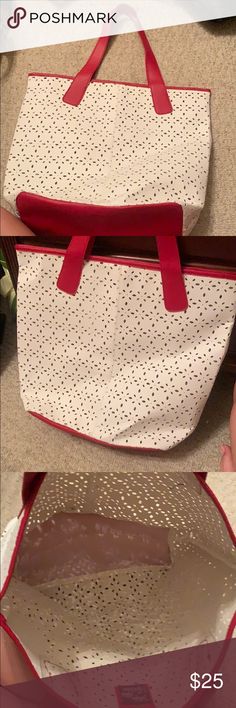 Saks Fifth Avenue Red White Faux Leather Tote Large, Never used, great condition tote! Saks Fifth Avenue Bags Totes White Faux Leather Bag With Zipper Closure, White Faux Leather Bag With Zipper, Casual Red Faux Leather Shoulder Bag, Red Spring Bag With Zipper Closure, Casual White Faux Leather Bag, Red Spring Bags For Errands, Red Bags For Spring Errands, Casual White Faux Leather Shoulder Bag, White Faux Leather Tote Shoulder Bag