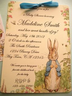 a baby shower is decorated with an image of a rabbit