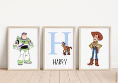 three cartoon characters are shown on the wall in this set of three framed art prints