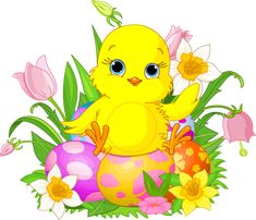 a yellow chick sitting on top of an easter egg surrounded by flowers and daisies