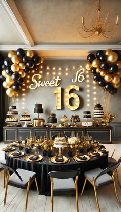 a black and gold sweet 16 birthday party with lots of balloons, cake and decorations