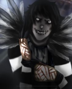 a creepy looking person with wings on his arm and eyes wide open, in front of a dark background