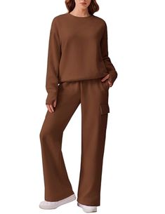 Limited-time deal: PINSPARK 2 Piece Sets for Women 2025 Fleece Sweatsuits Oversized Sweatshirts Wide Leg Cargo Sweatpants with Pockets Thumbhole