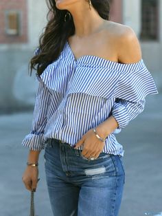 OrcaJump - Professional One-Shoulder Striped Shirt with Regular Fit Striped Off-shoulder Top For Spring, Casual Off-shoulder Top For Day Out, Blue Long Sleeve Off-shoulder Top For Summer, Blue Off-shoulder Long Sleeve Top For Summer, Blue One-shoulder Top For Day Out, Casual One-shoulder Top For Day Out, Fit Clothes, Elevated Style, Fits Clothes