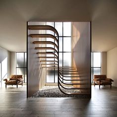 a spiral staircase in the middle of a living room