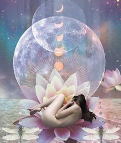 a woman laying on top of a lotus flower floating in water with bubbles around her