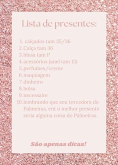 a pink glitter background with the words list de presentes in spanish and english on it