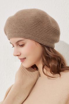 Fibflx Women's Knitted 100 Cashmere French Beret Women's Hats Classic Winter Beret, Classic Winter Beret One Size, Beige Fall Hats One Size, One Size Fits Most Beanie With Short Brim, Beige One Size Fall Hat, Classic Beret For Winter, Classic Short Brim Beret For Fall, Beige Flat Cap Beret For Winter, Trendy Winter Beret One Size