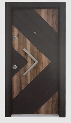 a wooden door with metal accents and an arrow on the front panel is shown in this image