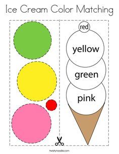 an ice cream color matching game with the words red, yellow, green and pink