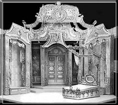 an elaborately designed stage set is shown in this black and white photo with the door open