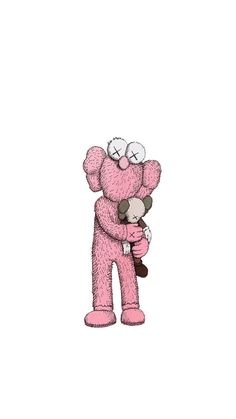 a pink teddy bear hugging another one with the words kaws summer on it's chest