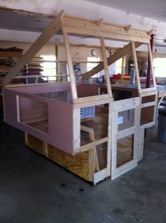 the inside of a building being built with wood