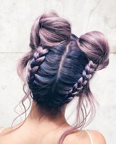 These space buns are everything. You look amazing @lichipan! Hair Braid Bun Tutorial, Space Buns, Hair Bun Tutorial, Cute Braided Hairstyles, Braided Bun, Diy Hair, Hair Dos, Purple Hair, Gorgeous Hair