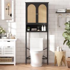 a white toilet sitting in a bathroom next to a wooden shelf