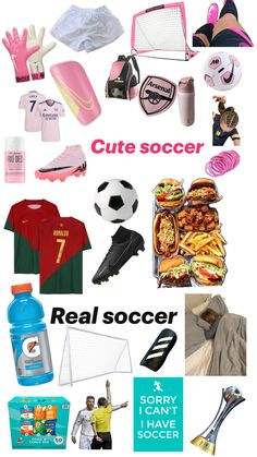 a collage of sports related items including shirts, gloves and balls with the words cute soccer on them