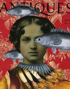 an image of a woman with three fish on her head and the words antiques written below it