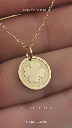 Hundreds of years ago in Ireland, the four-leaf clover became a symbol of luck with the four leaves representing faith, hope, love, and success. Gold Round Charm Necklaces For Good Luck, 14k Gold Round Pendant Charm Necklace For Good Luck, Good Luck Pendant Jewelry Stamped 14k, 14k Gold Engraved Necklace For Good Luck, Good Luck 14k Stamped Pendant Jewelry, Good Luck Engraved 14k Gold Necklace, Gold 14k Hallmarked Charm Necklaces, 14k Yellow Gold Good Luck Necklace, 14k Gold Charm Necklace With Hallmark