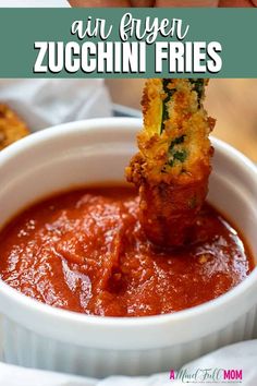 an eggplant zucchini fries dipped in marinara sauce