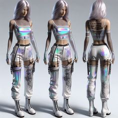 three different views of a woman in white pants and cropped top with holographics