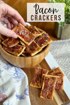 bacon crackers in a wooden bowl on a table