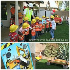 there are pictures of children in construction hats and safety vests at the same time