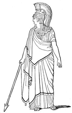 an ancient woman with a spear and shield