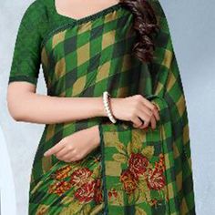 Impress everyone with your amazing trendy look by draping this green colored partywear saree. The saree is made of black cadbury chiffon fabric beautify with checks and floral printed work which attracts the crowd. This saree is comes along with unstitched matching fabric blouse piece which can be stitched as per your choice and requirement. You can wear this saree at casual, semi-parties, family functions. Note:- The actual product may differ slightly in color and design from the one illustrated in the images when compared with computer or mobile screen. Measurements: Saree : Chiffon : 5.5 Mtrs Blouse : Chiffon : 0.8 Mtr Material: Chiffon Stitch Type: Unstitched Country of Origin: India Care Guide: Dry Clean Green Pre-draped Saree With Printed Motifs For Diwali, Green Pre-draped Saree With Printed Border For Navratri, Green Pre-draped Saree With Printed Motifs, Green Georgette Blouse Piece With Printed Motifs, Traditional Green Pre-draped Saree With Printed Motifs, Green Semi-stitched Dupatta With Digital Print, Green Georgette Dupatta With Printed Border, Green Semi-stitched Blouse Piece With Printed Border, Green Blouse Piece With Printed Motifs And Traditional Drape