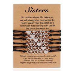 "Sister Bracelets' Gift for 2, 3, 4, 5, 6, & 7: Sister Heart Bracelet on a gift card \"No matter where life takes us, we will always be connected by the heart.\" These Sister Heart Bracelets are a perfect present for sisters and bestie friends. ✅𝑯𝑶𝑾 𝑻𝑶 𝑷𝑬𝑹𝑺𝑶𝑵𝑨𝑳𝑰𝒁𝑬 & 𝑶𝑹𝑫𝑬𝑹: Add your personalization: Please provide us with the initial for each bracelet in the format below:  For example: An order of 3 hearts Initial 1: A Initial 2: B Initial 3: M MATERIAL: Made of 316L stainles Heart Shaped Bracelet For Gift, Personalized Silver Friendship Bracelets For Birthdays, Personalized Silver Friendship Bracelets For Birthday, Heart-shaped Friendship Bracelets For Birthday And Mother's Day, Black Bracelets For Birthday Or Valentine's Day, Gold Friendship Bracelets For Birthday And Valentine's Day, Adjustable Heart Bracelet For Mother's Day Birthday, Black Charm Bracelet Valentine's Day Gift, Black Charm Bracelet For Valentine's Day Gift