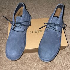 Men’s J Crew Mid Top Dress Boot. Leather Upper Casual Blue Boots With Suede Lining, Casual Blue Boots For Workwear, Casual Blue Workwear Boots, Mens Suede Chukka Boots, J Crew Boots, Chukka Shoes, Navy Boots, Dress Boot, Moc Toe Boots