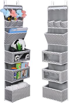 two gray and white chevroned storage bins with stuffed animals in them, one on top of the other