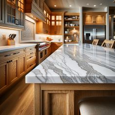 a large kitchen with marble counter tops and wooden cabinets