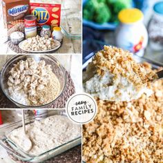 collage of pictures showing different stages of making oatmeal and other ingredients