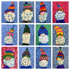 twelve snowmen made out of paper with hats and scarves on them, all in different colors