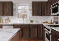 Small Kitchen Ideas Dark Cabinets, Cabinet Color Ideas, Walnut Kitchen Cabinets, Dark Wood Kitchen Cabinets, Kitchen Cabinet Color, Stained Kitchen Cabinets, Dark Brown Cabinets