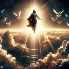 jesus in the midst of clouds with birds flying around him and sun shining down on him