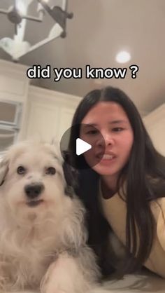 a woman laying on top of a bed next to a white dog with the caption did you know?