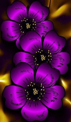 three purple flowers on a gold background