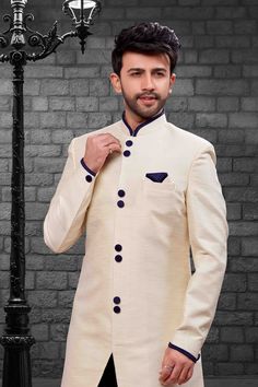 Silk Indowestern Sherwani to enrich its style with a Black colour lower to embellish your occasion .This a made to order outfit That you can ask in Thousands of colour of your choice Festive Semi-formal Sherwani With Pallu, Cream Fitted Sherwani For Semi-formal Occasions, Semi-formal Fitted Cream Sherwani, Designer Festive Sherwani For Semi-formal Occasions, Designer Semi-formal Sherwani For Festive Occasions, Cream Festive Bandhgala For Semi-formal Occasion, Cream Long Sleeve Bandhgala For Groom, Festive Cream Bandhgala For Semi-formal Occasions, Semi-formal Sherwani With Resham Embroidery For Diwali