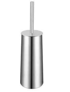 a stainless steel toilet brush holder with a metal tube in the middle and a white background