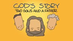 two men with beards are standing in front of the words god's story