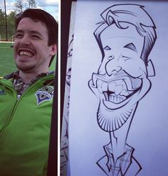 a man standing next to a drawing of a smiling man