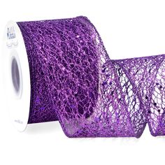 two rolls of purple crochet lace on a white background, one roll is half - yards