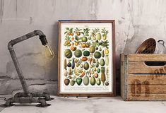 an old fashioned lamp is next to a framed poster with fruit and vegetables on it