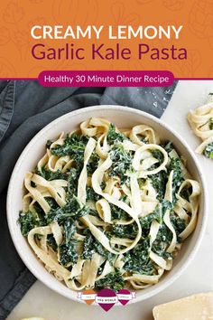 A large serving bowl of lemon garlic kale pasta. Kale Pasta Recipe, Kale Dishes, Pasta With Kale, Creamy Kale, Gf Meals, Hotdish Recipes, Fall Eats, Garlic Kale, Vegetarian Ideas