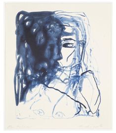 an abstract drawing of a woman's face in blue and black ink on white paper