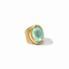 A standout rose cut gemstone sits atop a shank decorated with elegant chevron detailing. Blue Obsidian, Large Stone Rings, Julie Vos, Gold Statement Ring, Pacific Blue, Aquamarine Blue, Black Rings, Cut Glass, Clear Crystal