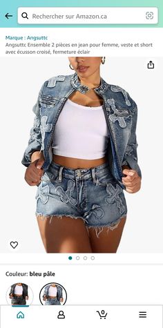 Click on my pin Cute Outfits Plus Size, 2 Piece Short Set, Cropped Jean Jacket, Crop Jean Jacket, Elastic Waist Skirt, Shorts Cute, Tracksuit Set, Skirt With Pockets, Zipper Jacket