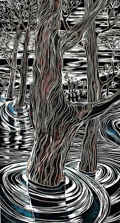 a black and white drawing of trees in water with ripples on the ground below